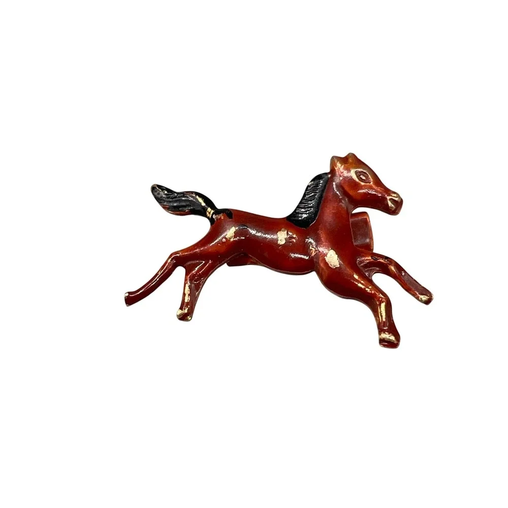 Vintage Enamel Horse Brooch Gold Tone Red Brown Galloping Stallion Pin Hong Kong